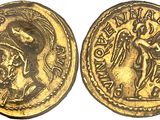 a gold coin with an image of a man holding a sword