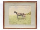 painting of a horse and her foal in a field