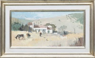 a painting of horses grazing in a field near a house
