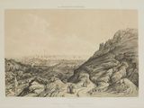 an old drawing of a view of a valley with a mountain in the background