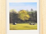 an oil painting of hay bales in a field with trees in the background