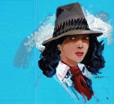 un tableau représentant une femme portant un chapeau et une cravate rouge