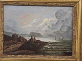 an oil painting of two people on a rocky shore by the ocean