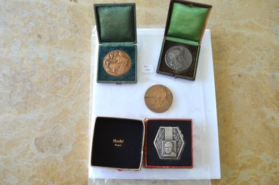 trois médailles d'argent et d'or sont posées sur un plateau blanc