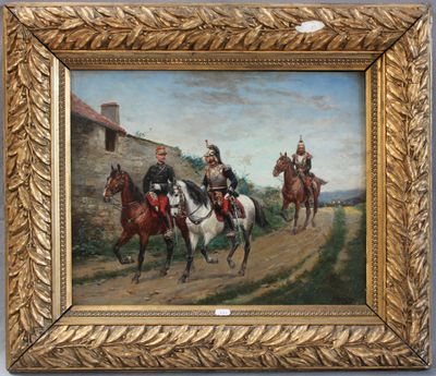 tableau représentant un groupe d'hommes à cheval sur un chemin de terre