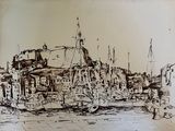 a drawing of a harbor with boats in the water
