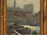 une image représentant un tableau montrant des bateaux sur l'eau près d'une ville
