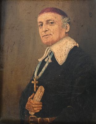 un vieux tableau représentant un homme en manteau noir tenant une croix
