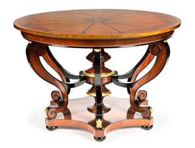 une image représentant une table ronde avec un plateau en bois et des pieds en métal