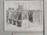 a drawing of a bench in a room with pictures on the wall