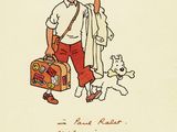 drawing of a man with a suitcase and a dog on a leash