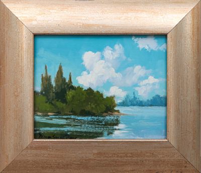 an oil painting of a lake with trees and clouds in the background