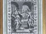 an antique engraving of a woman and a man sitting on a bench