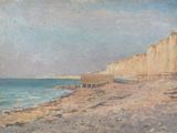 painting of a view of a beach with a bench and a cliff