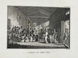 a drawing of a group of people sitting in a room