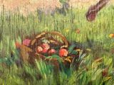 a painting of a basket of strawberries in the grass