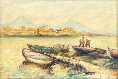 painting of boats on the shore of a lake with mountains in the background
