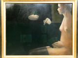 une peinture à l'huile représentant une femme assise face à un homme tenant un couteau