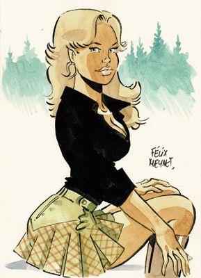 dessin représentant une femme en jupe, assise sur une caisse