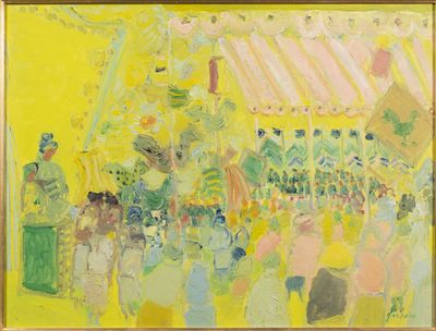 une peinture à l'huile représentant une foule dans un champ jaune
