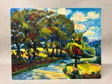 une peinture représentant une peinture d'une rivière et d'arbres