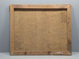 an old wooden picture frame with a brown background on a white shelf