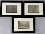 three framed pictures of a couple of people walking down a street