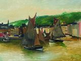 a painting of boats on the water in a harbor