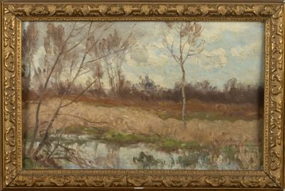 an oil painting of a landscape with trees and a stream