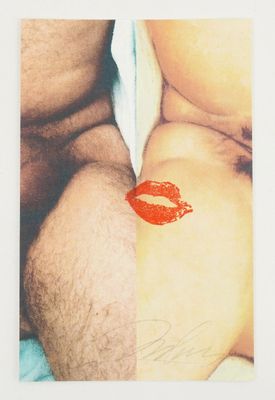 two pictures of a man and a woman with red lipstick on them