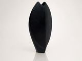 a black vase that is sitting on a white surface
