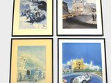 four framed art prints of cars on display in front of a building