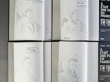 four pages of a book with a drawing of a man in a hat