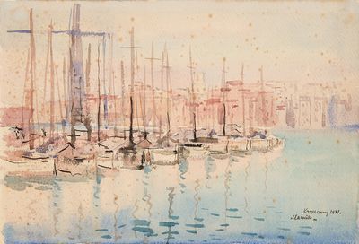 a painting of a harbor filled with lots of boats