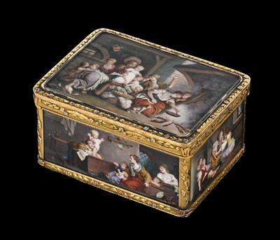 a small box with a painting on it on a black background