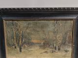 une peinture à l'huile représentant une scène boisée avec des arbres au premier plan