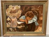 a painting of a woman holding a vase of flowers