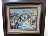 painting of a snowy road with a church in the distance and trees in the foreground