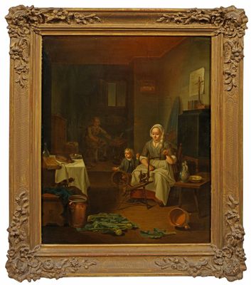 un vieux tableau représentant une femme assise à une table avec un enfant