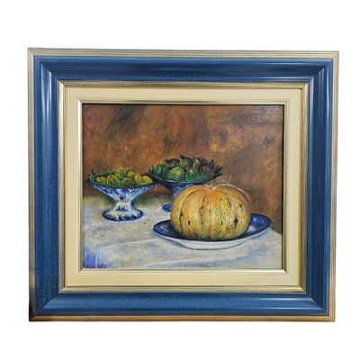 an oil painting of a bowl of fruit and a pumpkin on a table