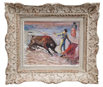 painting of a bull and a man with a red cape in a white frame