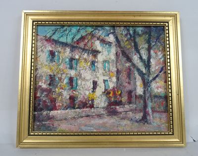 an oil painting of a house with a tree in front of it