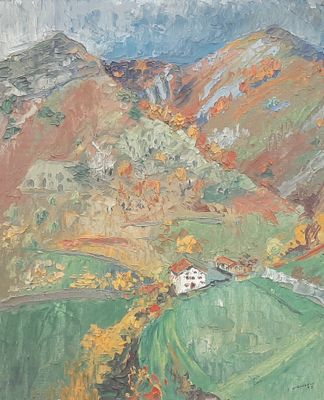 a painting of a mountain with a house in the middle