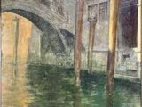 une peinture à l'huile représentant un pont sur une rivière avec des bâtiments à l'arrière-plan