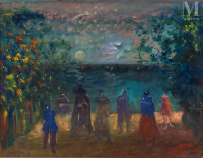 une peinture à l'huile représentant un groupe de personnes debout devant un plan d'eau