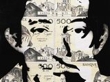 black and white photograph of a man with a collage of money on his face