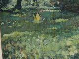 an oil painting of a house in a field with trees in the background