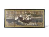 l'image d'une peinture représentant un bateau dans un plan d'eau