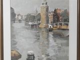 painting of a river scene with a clock tower in the background