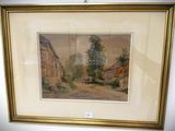 painting of a village scene in a gold frame on a white wall